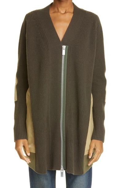 Sacai Nylon Twill & Wool Cardigan In Khaki X Beige