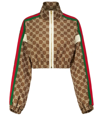 Gucci Gg Jacquard Cropped Sweatshirt With Web In Brown