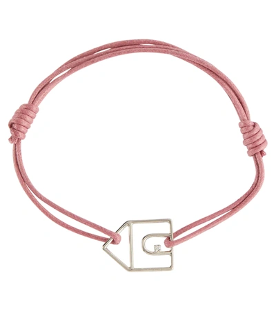 Aliita Casita Brilliante 9kt White Gold Charm Cord Bracelet With White Diamond In White Gold/vintage Pink