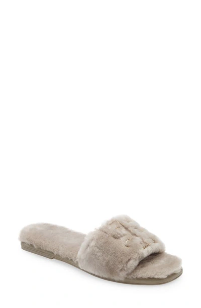 Tory Burch Double T Genuine Shearling Sport Slide Sandal In Gray Heron / Gold