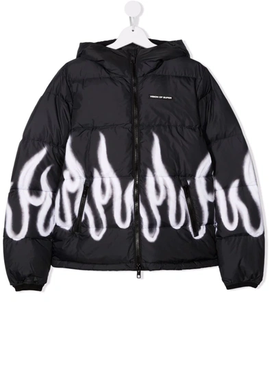 Vision Of Super Teen Flame-print Puffer Jacket In Black