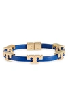 Tory Burch Serif-t Croc-embossed Leather Single Wrap Bracelet In Tory Gold/ Nautical Blue