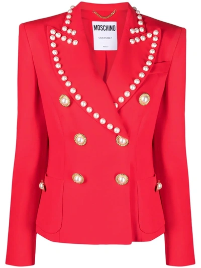 Moschino Pearl-detail Double-breasted Blazer In Red