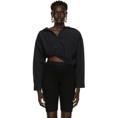 Jacquemus Mejean Cropped Asymmetric Gathered Cotton And Linen-blend Shirt  In Black | ModeSens