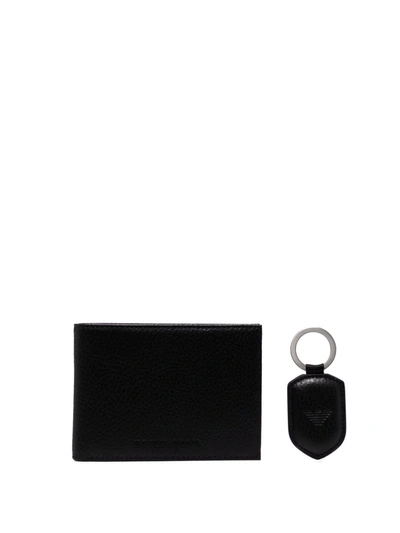 Emporio Armani Black Leather Wallet+keychain Set In Schwarz