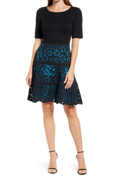 Shani Laser Cut Ponte Fit & Flare Dress In Black Blue