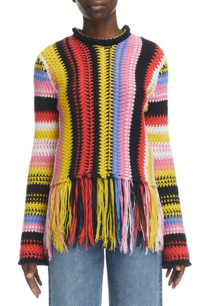 Chloé Macramé Knit Recycled Cashmere & Wool Fringe Sweater In Black