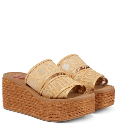 Chloé Woody Lace Espadrille Platform Wedge Mules In Biscotti Beige