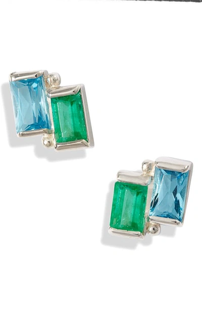 Anzie Classique Double Blue Topaz Stud Earrings In Blue Green