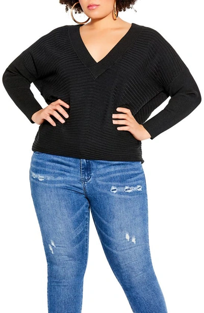 City Chic Women's Trendy Plus Size Ribbed V-neck Sweater In Black