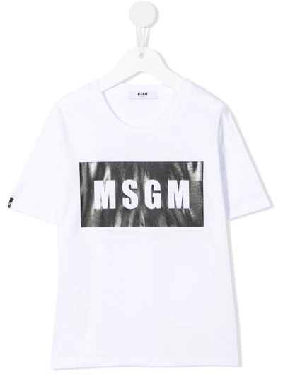 Msgm Kids White And Black Box Logo T-shirt In Bianco