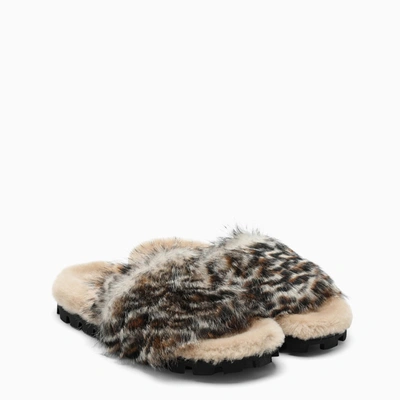 Miu Miu Leopard Shearling Slippers In Brown