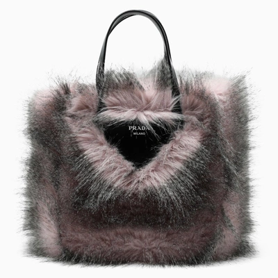 Prada Pink/black Faux Fur Fabric Tote Bag In Beige