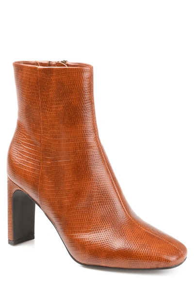 Journee Collection Sarla Lizard Embossed Block Heel Bootie In Cognac