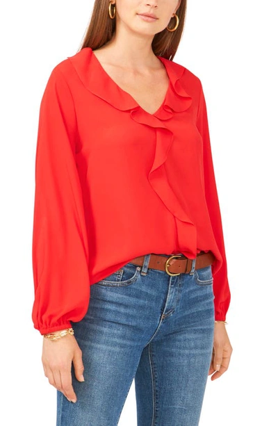 Vince Camuto Ruffle Neck Long Sleeve Georgette Blouse In Bright Cherry