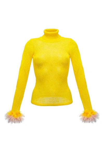 Andreeva Yellow Knit Turtleneck With Handmade Knit Details In Yellow/orange
