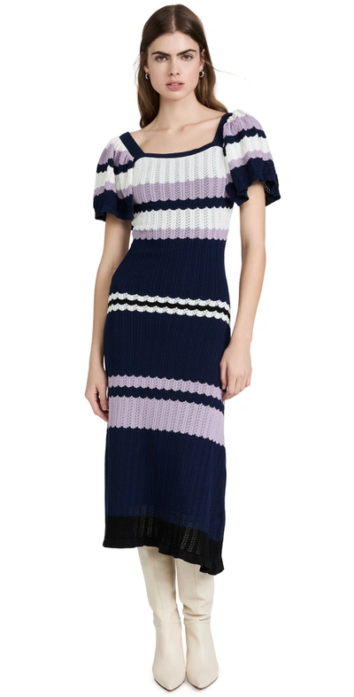 Adam Lippes Flounce Sleeve Striped Knit Dress - Atterley In Navy Ivory