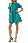 English Factory Puff Shoulder Mixed Media Minidress In Emerald