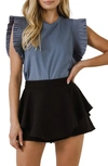 English Factory Poplin Ruffle Top In Dusty Blue
