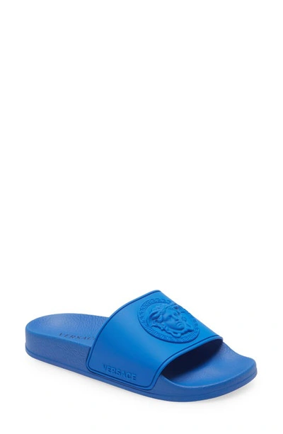 Versace Little Kid's And Kid's Missing English Localizza Embossed Slide Sandals In Lapis