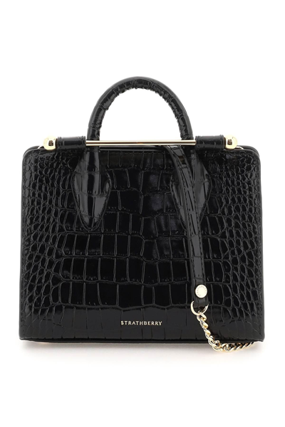 Strathberry Nano Croc-embossed Leather Tote In Black