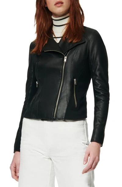 Andrew Marc Felix Leather Moto Jacket With Knit Panels In Black