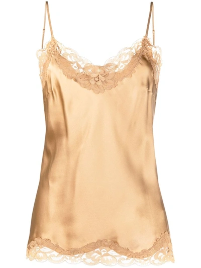 Gold Hawk Lace-panel Spaghetti-strap Top In Brown