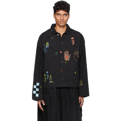 Story Mfg. Short On Time Oversize Embroidered Organic Cotton Jacket In Black