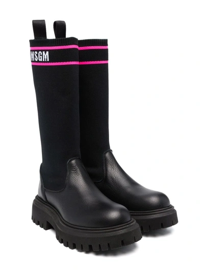 Msgm Teen Sock-style Knee-high Boots In 黑色