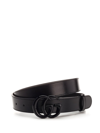 Gucci Leather Thin Gg Marmont Belt In Black
