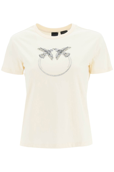Pinko Quentin T-shirt Love Birds Embroidery In Beige