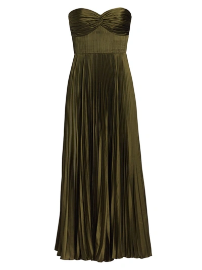 Amur Ruched Bustier Pleated Ankle Dress In Olive