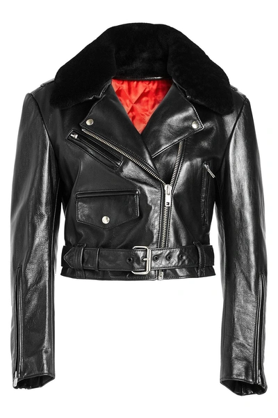 Calvin Klein 205w39nyc Leather Biker Jacket With Fur In Black | ModeSens