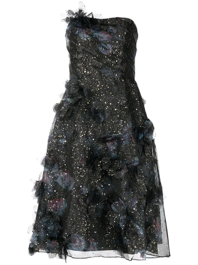 Marchesa Notte Strapless Foiled Printed Organza  Dress In Black