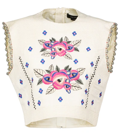 Isabel Marant Clarisse Embroidered Bloom Silk Crop Top In Beige