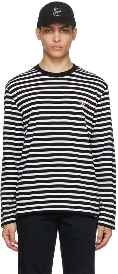 Maison Kitsuné Black Tricolour Fox Patch Striped Long Sleeve T-shirt In Navy Stripes