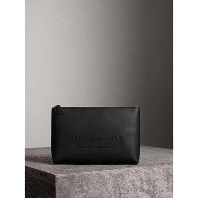 Burberry Large Embossed Leather Zip Pouch In Black