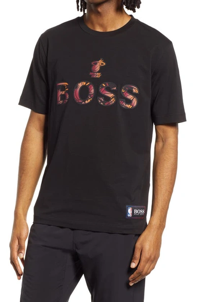 Hugo Boss X Nba Miami Heat T Basket Cotton Stretch Graphic Tee In Black