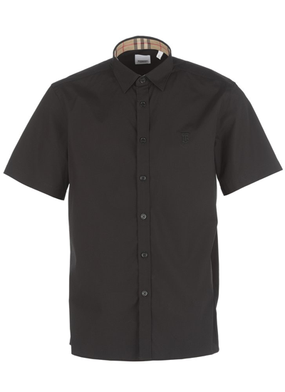 Burberry Short-sleeve Monogram Motif Stretch Cotton Shirt In Black