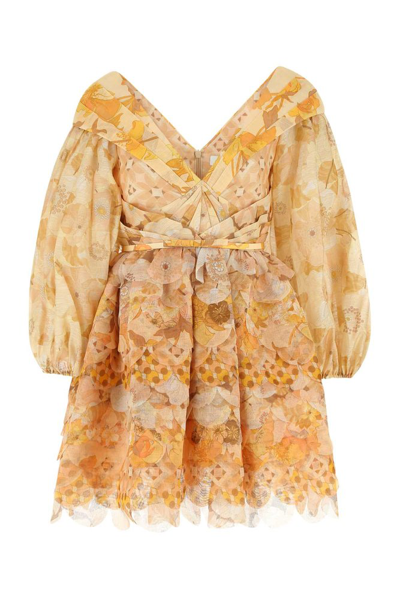 Zimmermann Tempo Pleated Floral-print Linen And Silk-blend Gauze Mini Dress In Neutrals