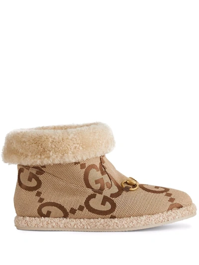 Gucci Fria Monogrammed Shearling-trimmed Ankle Boots In Neutrals