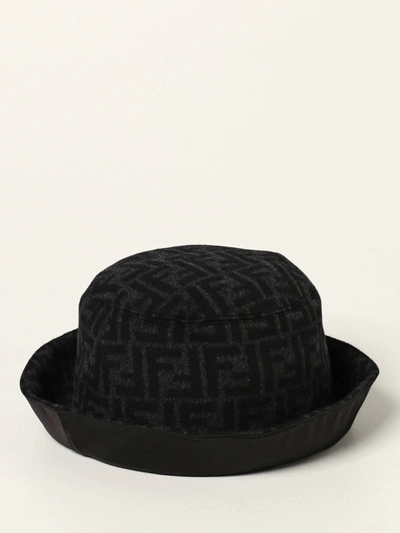 Fendi Fisherman Hat With All Over Logo In Antracite+nero