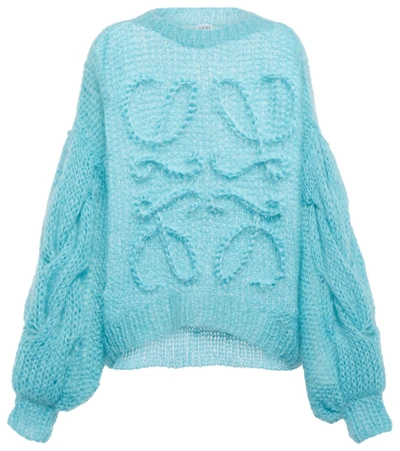 Loewe Anagram Open-knit Mohair-blend Jumper In Blue