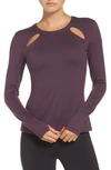 Alo Yoga Mantra Long-sleeve Fitted Performance Top W/ Cutouts In Eggplant