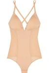 Cosabella Underwired Stretch-satin And Mesh Thong Bodysuit In Neutral