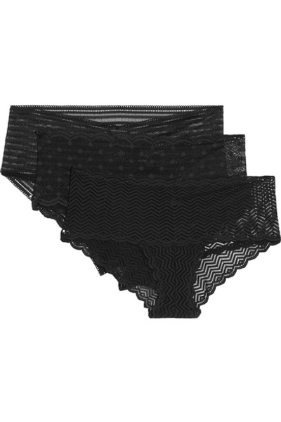 Cosabella Sweet Treats Set Of Three Stretch-lace Briefs In Black