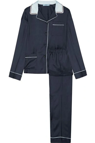 Prada Embellished Silk-twill Pajama Set In Midnight Blue