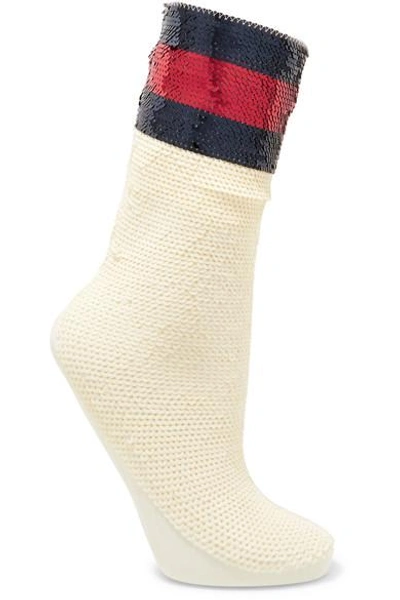 Gucci Striped Sequined Stretch-mesh Socks In Ivory