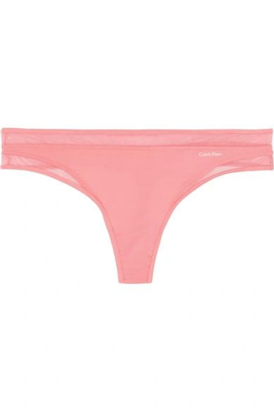 Calvin Klein Underwear Naked Touch Tulle-trimmed Stretch-satin Thong In Baby Pink