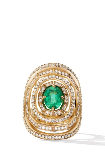David Yurman Stax Statement Ring In 18k Yellow Gold With Full Pave Diamonds And Emerald In Gold/green